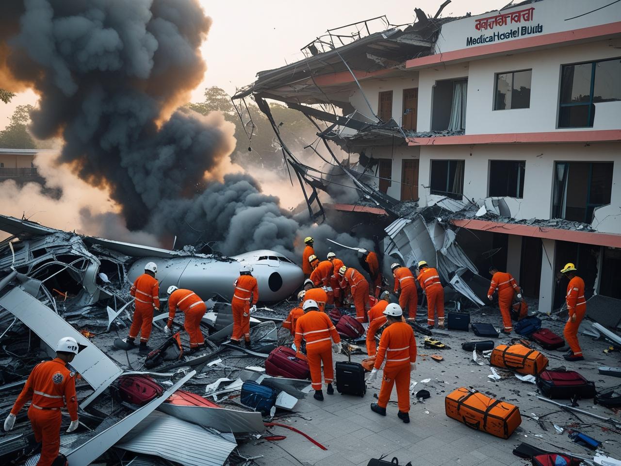 Ahmedabad Plane Crash Site with Smoke and Rescue Teams Ahmedabad plane crash site with smoke and rescue teams